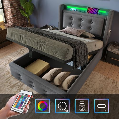 Lit Simple 90x200cm-avec Tête De Lit LED Et Port USB-c-avec Rangement Hydraulique-en Bois-gris