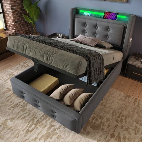 Lit Simple 90x200cm-avec Tête De Lit LED Et Port USB-c-avec Rangement Hydraulique-en Bois-gris