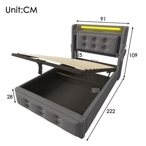 Lit Simple 90x200cm-avec Tête De Lit LED Et Port USB-c-avec Rangement Hydraulique-en Bois-gris