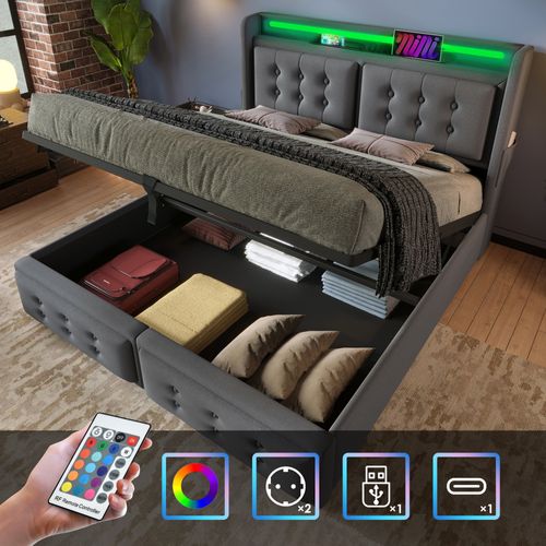 Lit Simple 140x200cm-avec Tête De Lit LED Et Port USB-c-avec Rangement Hydraulique-en Bois-gris