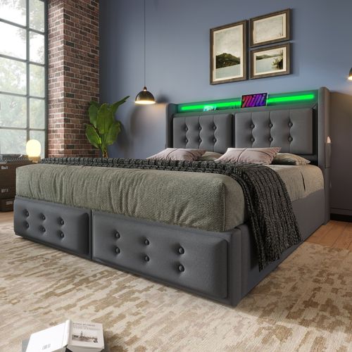 Lit Simple 140x200cm-avec Tête De Lit LED Et Port USB-c-avec Rangement Hydraulique-en Bois-gris