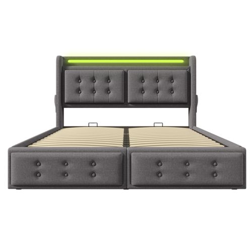 Lit Simple 140x200cm-avec Tête De Lit LED Et Port USB-c-avec Rangement Hydraulique-en Bois-gris