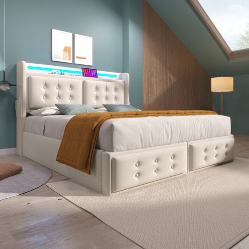 Lit Simple 180x200cm-avec Tête De Lit LED Et Port USB-c-avec Rangement Hydraulique-en Bois-beige