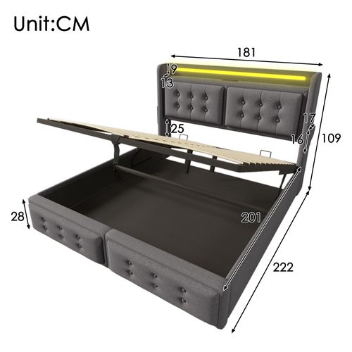 Lit Simple 180x200cm-avec Tête De Lit LED Et Port USB-c-avec Rangement Hydraulique-en Bois-gris