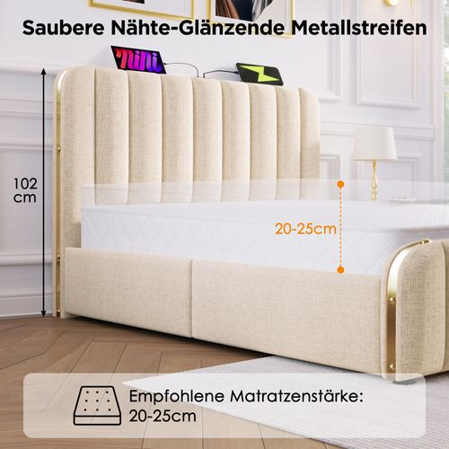 Lit Simple 90x200 Cm-lit Rembourrée-port USB Type-c-avec 4 Tiroirs-en Lin-beige