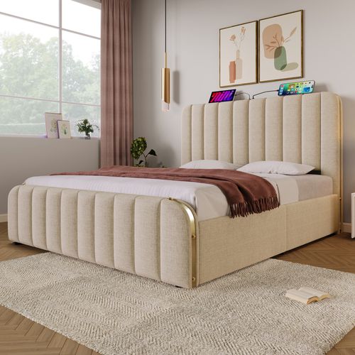 Lit Simple 140x200 Cm-lit Rembourrée-port USB Type-c-avec 4 Tiroirs-en Lin-beige