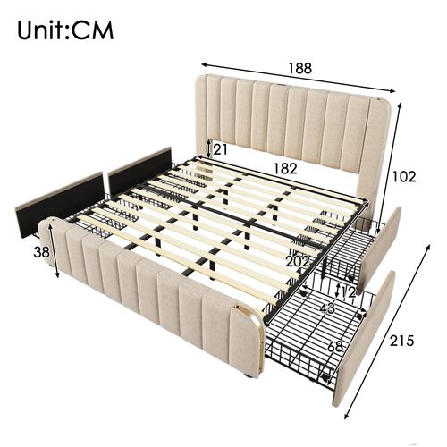 Lit Simple 180x200 Cm-lit Rembourrée-port USB Type-c-avec 4 Tiroirs-en Lin-beige