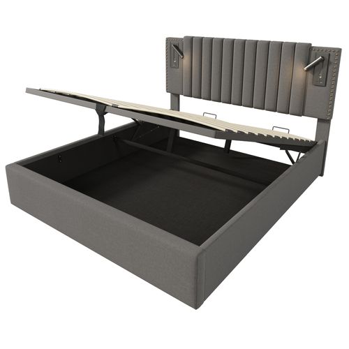 Lit Double 140x200cm-avec Rangement-lampe De Lecture Avec Port USB-dossier Capitonn-gris