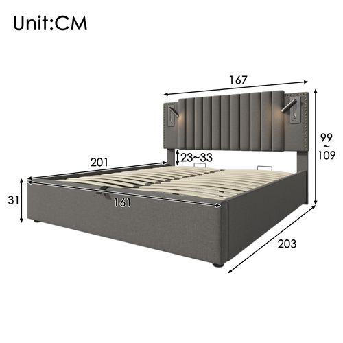 Lit Double 160x200cm-avec Rangement-lampe De Lecture Avec Port USB-dossier Capitonn-gris
