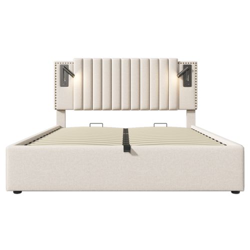 Lit Double 140x200cm-avec Rangement-lampe De Lecture Avec Port USB-dossier Capitonn-beige
