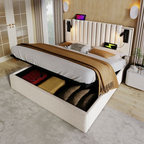 Lit Double 140x200cm-avec Rangement-lampe De Lecture Avec Port USB-dossier Capitonn-beige