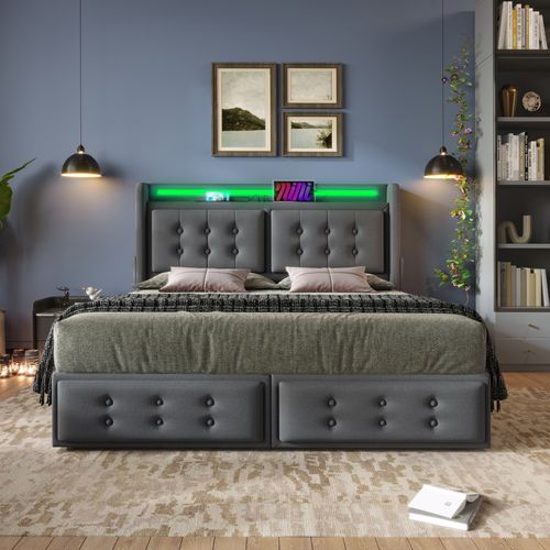 Lit Rembourré 180x200 Cm-lit Double Avec Tête De Lit LED-port USB-c Et 4 Tiroirs De Rangement-gris