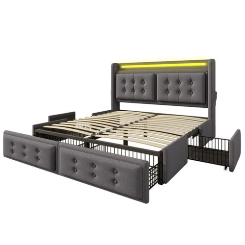Lit Rembourré 180x200 Cm-lit Double Avec Tête De Lit LED-port USB-c Et 4 Tiroirs De Rangement-gris