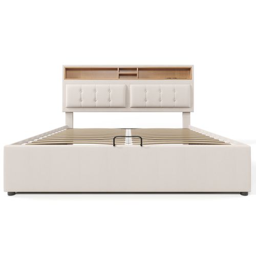 Lit Double 160x200cm Avec Port De Chargement USB-c-lit De Rangement-en Lin-beige