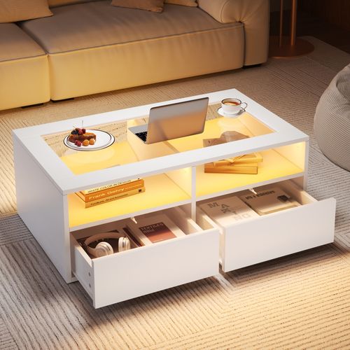Table Basse Verre 100x50x35cm LED 2tiroirs 2 Compartiment Rangement Style Moderne Canapé Table Blanc