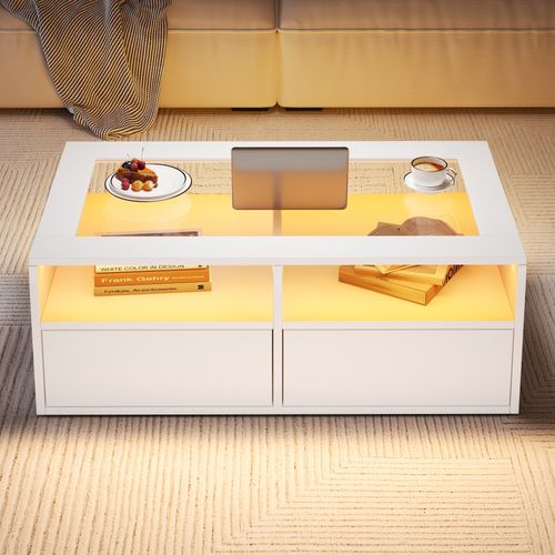 Table Basse Verre 100x50x35cm LED 2tiroirs 2 Compartiment Rangement Style Moderne Canapé Table Blanc