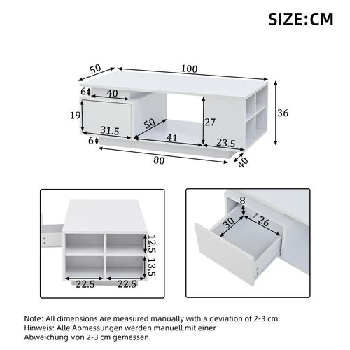 Table Basse Moderne LED 100x50x36cm 1 Tiroir 4 Compartiments Rangement Canapé Table Blanc Brillant