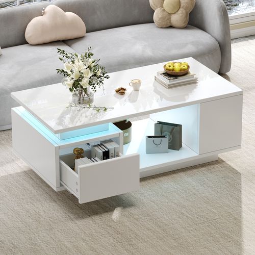 Table Basse Moderne LED 100x50x36cm 1 Tiroir 4 Compartiments Rangement Canapé Table Blanc Brillant