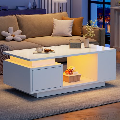 Table Basse Moderne LED 100x50x36cm 1 Tiroir 4 Compartiments Rangement Canapé Table Blanc Brillant