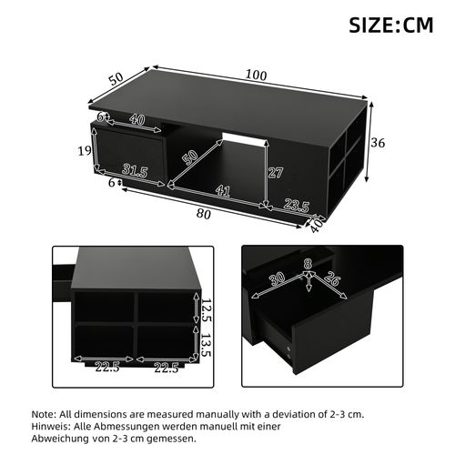 Table Basse Moderne LED 100x50x36cm 1 Tiroir 4 Compartiments Rangement Canapé Table Noir Brillant