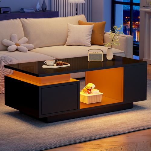 Table Basse Moderne LED 100x50x36cm 1 Tiroir 4 Compartiments Rangement Canapé Table Noir Brillant