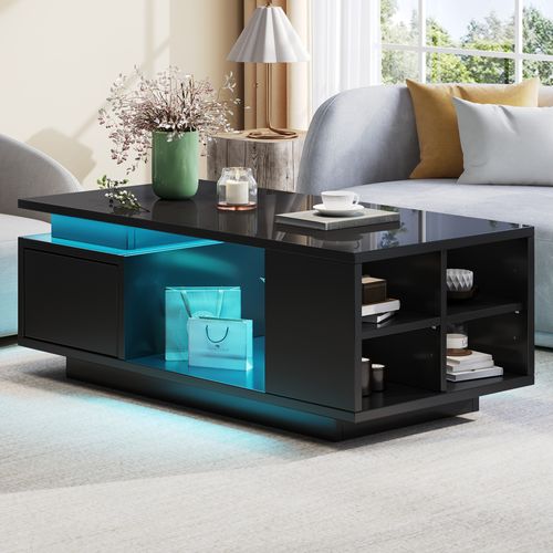Table Basse Moderne LED 100x50x36cm 1 Tiroir 4 Compartiments Rangement Canapé Table Noir Brillant