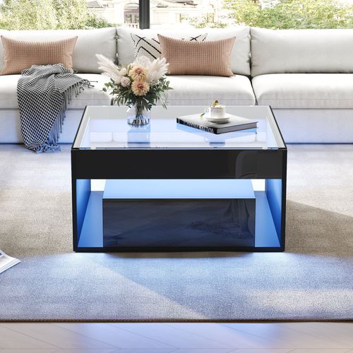 Table Basse Carré Verre 70x70x35cm 2 Tiroirs LED Compartiment Rangement Style Moderne Noir Brillant
