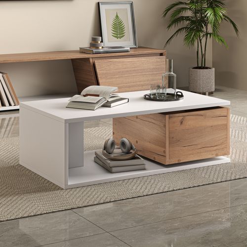 Table Basse Moderne 90x50x30cm 1 Tiroir Pivotant à 360° 1 Compartiment Rangement Bois Blanc Brillant