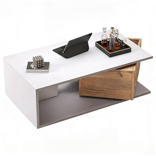 Table Basse Moderne 90x50x30cm 1 Tiroir Pivotant à 360° 1 Compartiment Rangement Bois Blanc Brillant