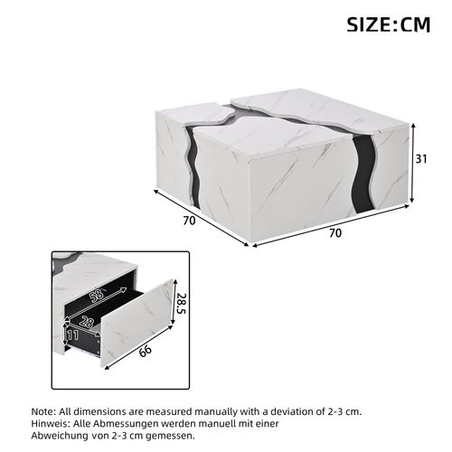 Table Basse Moderne Carrée 70x70x31cm 1 Grand Tiroir Placage Marbre Design Ondulé Noir Blanc