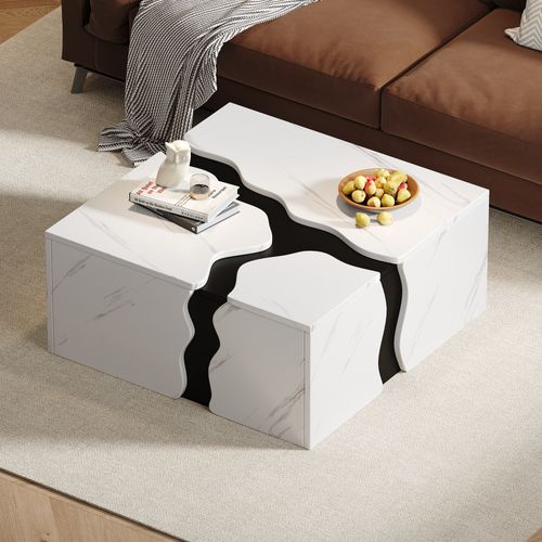 Table Basse Moderne Carrée 70x70x31cm 1 Grand Tiroir Placage Marbre Design Ondulé Noir Blanc