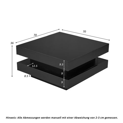 Table Basse Carrée 16 Couleurs LED 70x70x36cm Rotation 360 Degrés Design Double Couche Noir Brillant