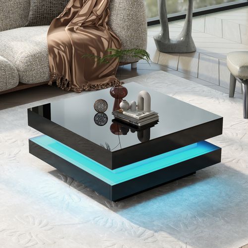 Table Basse Carrée 16 Couleurs LED 70x70x36cm Rotation 360 Degrés Design Double Couche Noir Brillant