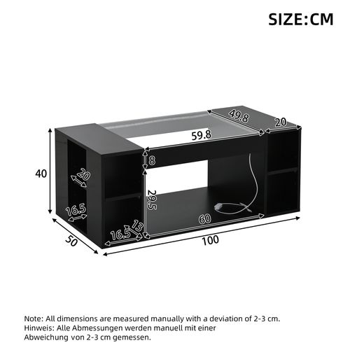 Table Basse Verre Moderne 100x50x40cm LED Table à Thé Compartiment Rangement Multiple Noir Brillant
