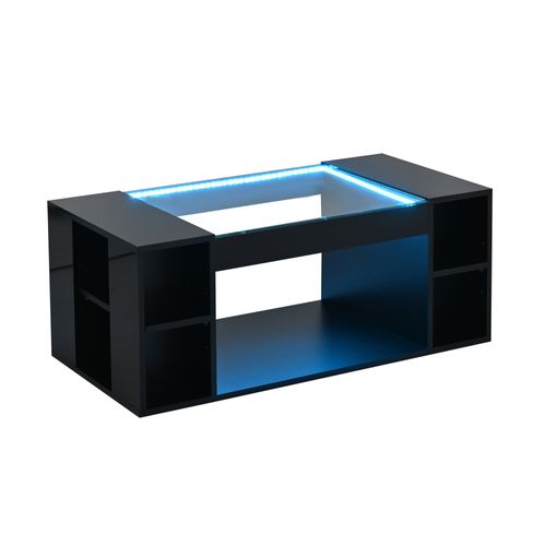 Table Basse Verre Moderne 100x50x40cm LED Table à Thé Compartiment Rangement Multiple Noir Brillant