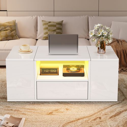 Table Basse Moderne 100x50x40cm LED 3 Compartiments Rangement 2 Compartiments Cachés 1 Tiroir Blanc