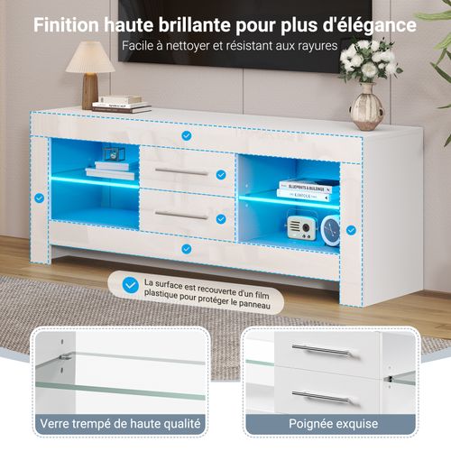 Meuble TV Moderne Blanc LED 130x35x50cm Etagère Verre 1 Tiroirs Buffet Bas Rangement Salon Chambre