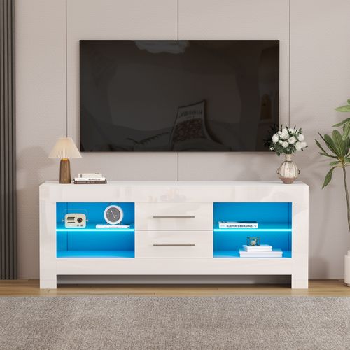 Meuble TV Moderne Blanc LED 130x35x50cm Etagère Verre 1 Tiroirs Buffet Bas Rangement Salon Chambre