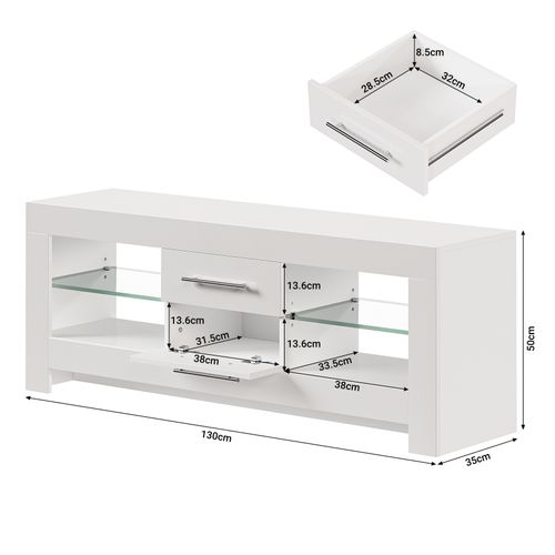 Meuble TV Moderne Blanc LED 130x35x50cm Etagère Verre 1 Tiroirs Buffet Bas Rangement Salon Chambre