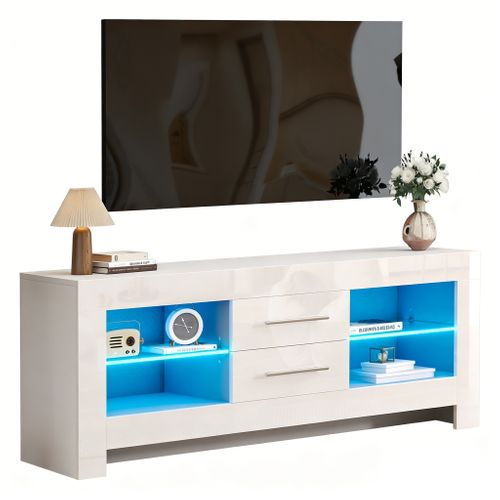 Meuble TV Moderne Blanc LED 130x35x50cm Etagère Verre 1 Tiroirs Buffet Bas Rangement Salon Chambre