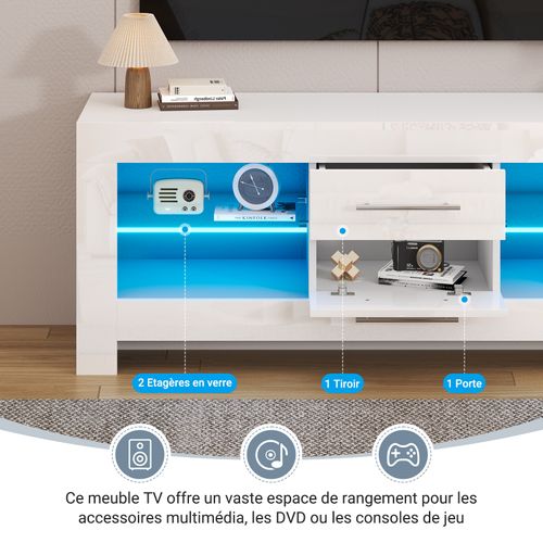 Meuble TV Moderne Blanc LED 130x35x50cm Etagère Verre 1 Tiroirs Buffet Bas Rangement Salon Chambre