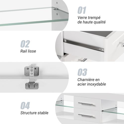 Meuble TV Moderne Blanc LED 130x35x50cm Etagère Verre 1 Tiroirs Buffet Bas Rangement Salon Chambre