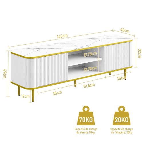 Meuble TV Moderne 140x40x49cm 2 Portes - Blanc