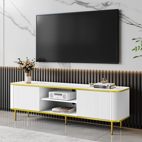 Meuble TV Moderne 140x40x49cm 2 Portes - Blanc