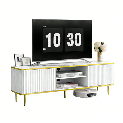 Meuble TV Moderne 140x40x49cm 2 Portes - Blanc