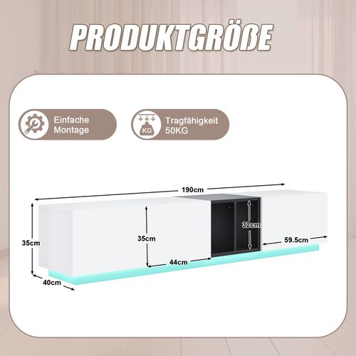 Meuble TV 190x40x35cm 2 Portes 1 Tiroir 1 Compartiment Rangement Armoire TV LED Salon Noir Blanc