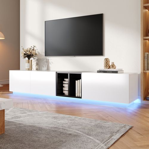 Meuble TV 190x40x35cm 2 Portes 1 Tiroir 1 Compartiment Rangement Armoire TV LED Salon Noir Blanc