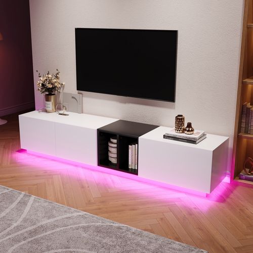 Meuble TV 190x40x35cm 2 Portes 1 Tiroir 1 Compartiment Rangement Armoire TV LED Salon Noir Blanc