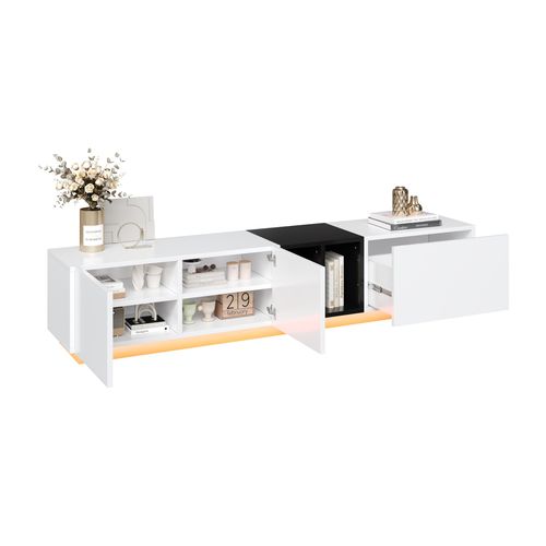 Meuble TV 190x40x35cm 2 Portes 1 Tiroir 1 Compartiment Rangement Armoire TV LED Salon Noir Blanc