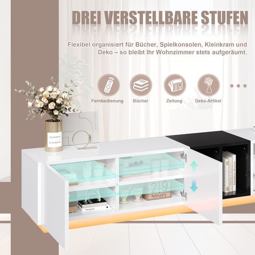 Meuble TV 190x40x35cm 2 Portes 1 Tiroir 1 Compartiment Rangement Armoire TV LED Salon Noir Blanc